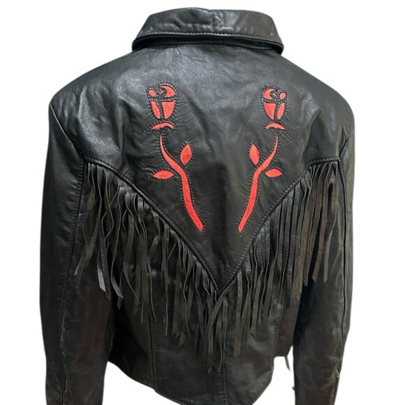Vintage Black Leather Fringe Jacket with Red Rose inlay Embroidery / Medium - - Picture 3 of 5